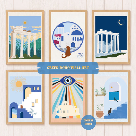 Greek Boho Wall Art Set, Hellenic Culture Prints, Mediterranean Home Decoration