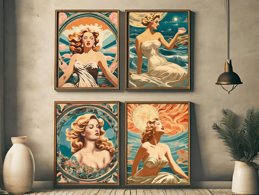 Goddess Aphrodite Retro Set, Vintage Hellenic Mythology Wall Art, Elegant Godess of Love Home Decor