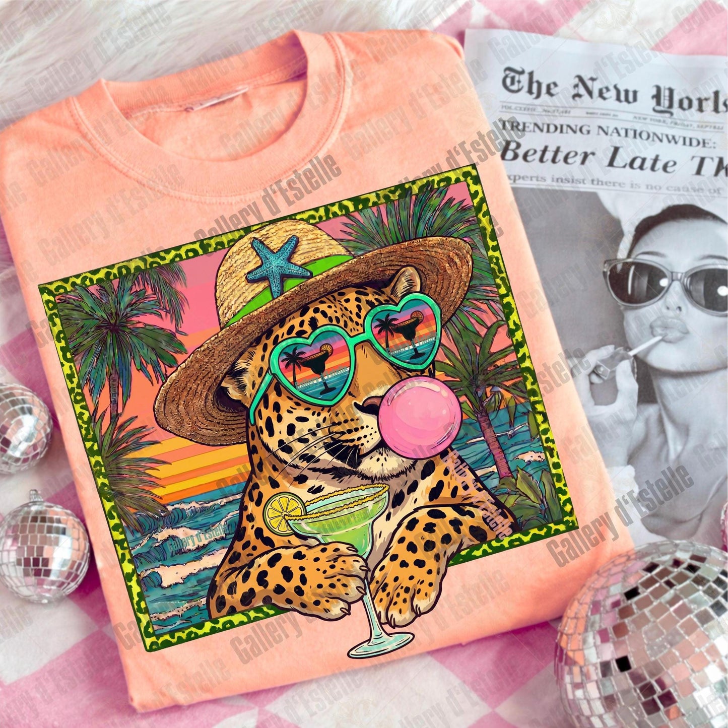 Leopard Summer PNG, Retro Coastal Cheetah Margarita Graphic, Trendy Tropical Beach Shirt Design