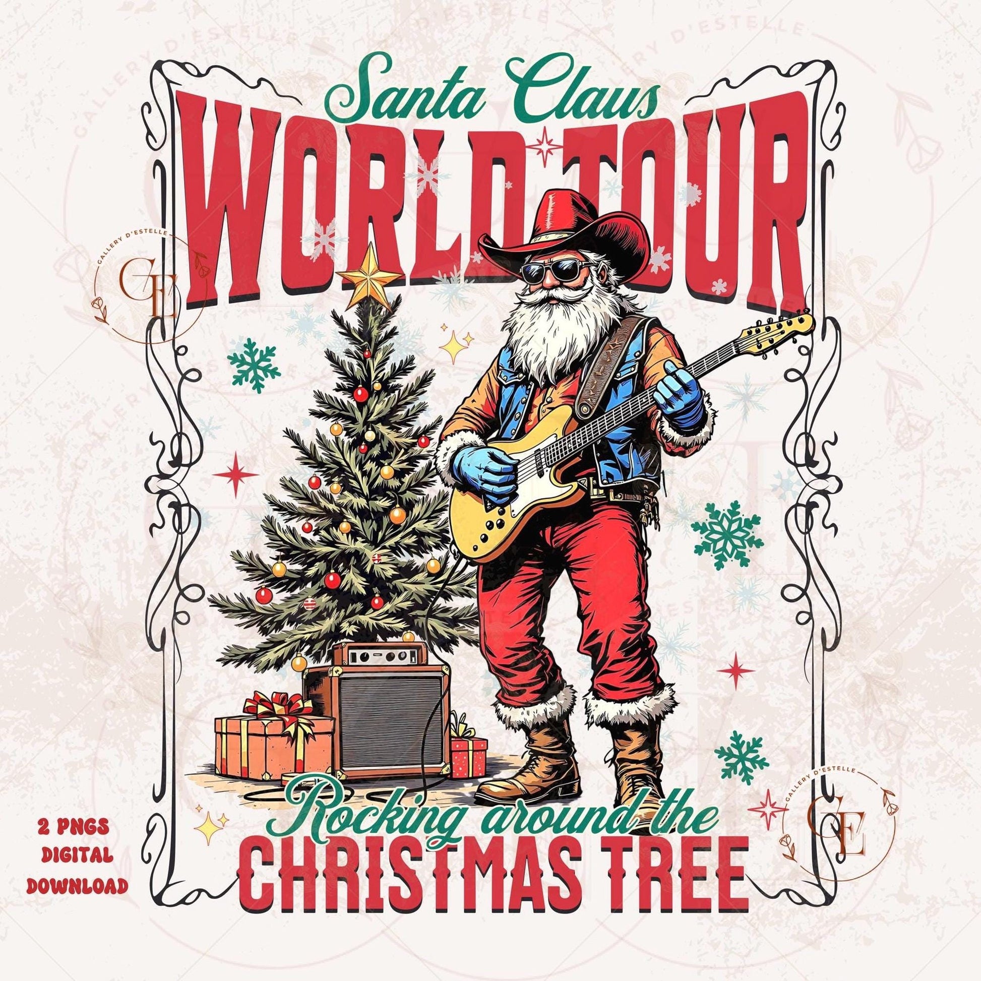Santa Claus World Tour Western PNG, Retro Christmas Cowboy Rocker Graphic, Trendy Holiday Country Shirt Design