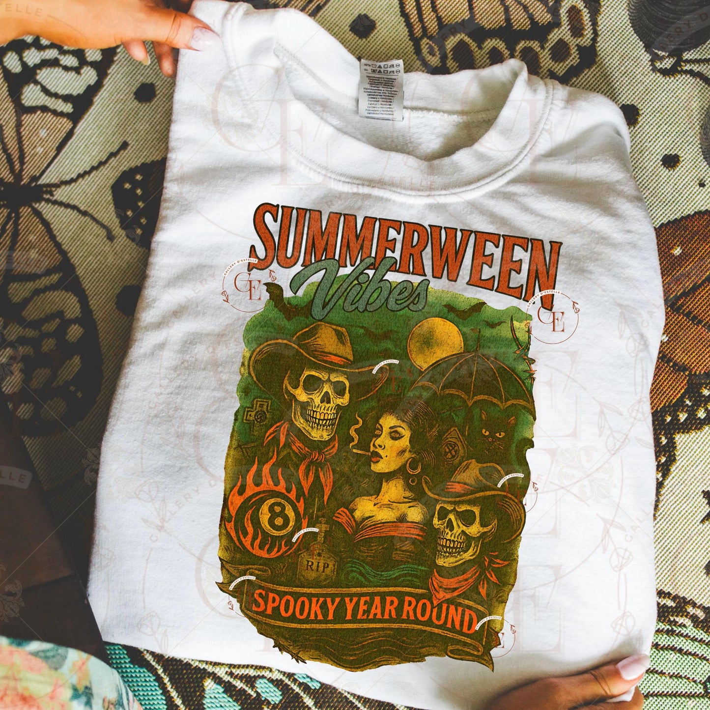 Summerween Vibes Western PNG, Retro Halloween Skeleton Collage, Spooky Gothic Country Shirt Design