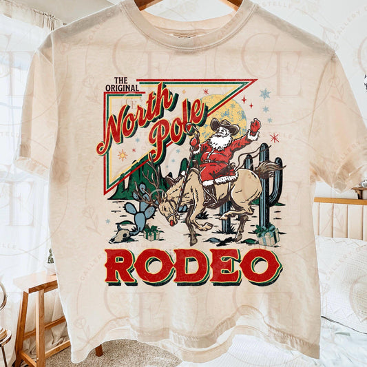 Retro North Pole Rodeo PNG, Festive Cowboy Santa Christmas Graphic, Western Holiday Shirt Sublimation Design