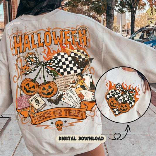 Halloween-themed shirt with pumpkins, checkered bow, and text on a person wearing it outdoors.