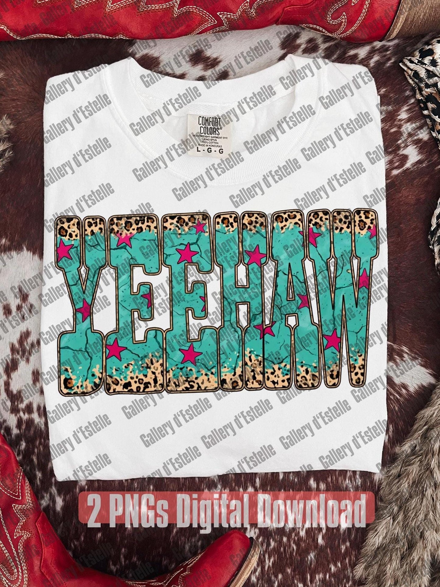 T-shirt with 'YEEHAW' design on a patterned surface
