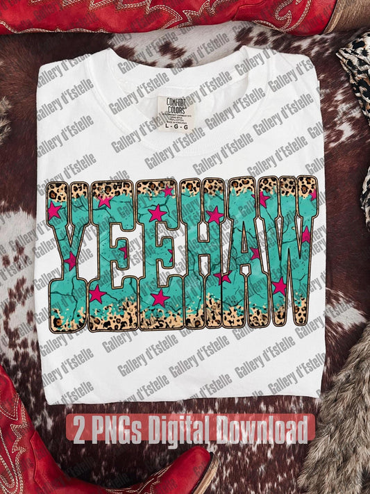 T-shirt with 'YEEHAW' design on a patterned surface