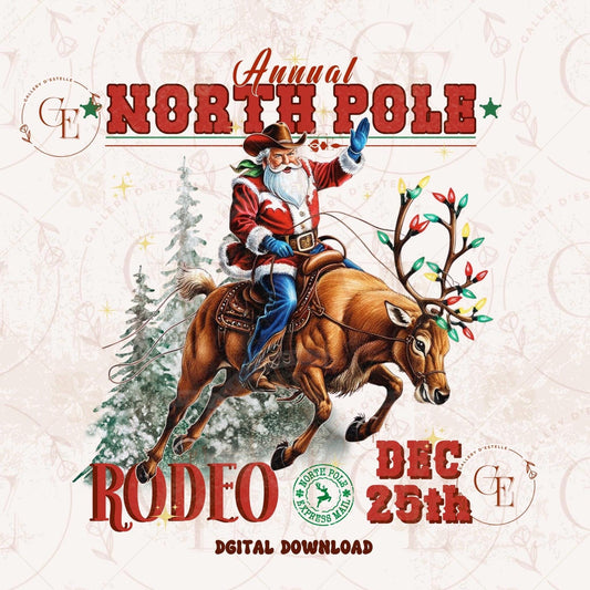 North Pole Rodeo Western PNG, Retro Santa Riding Reindeer Graphic, Vintage Cowboy Christmas Design, Trendy Holiday Country Shirt Sublimation