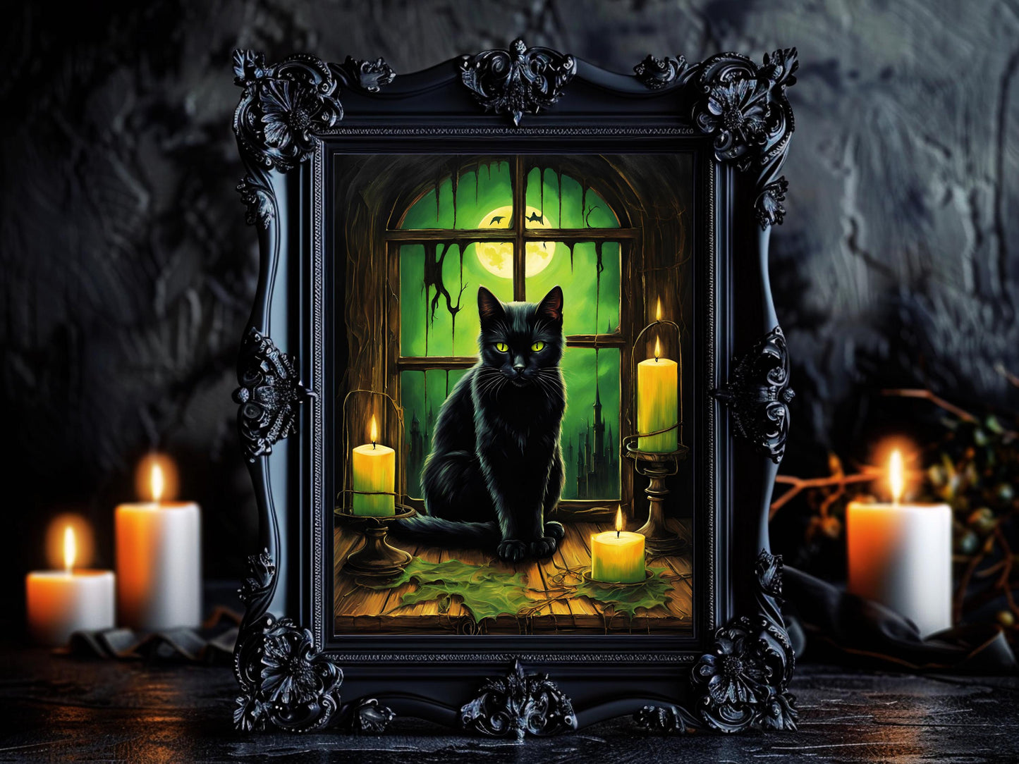Black Cat Wall Art Print, Gothic Halloween Poster, Spooky Cat Decor, Dark Aesthetic Digital Art