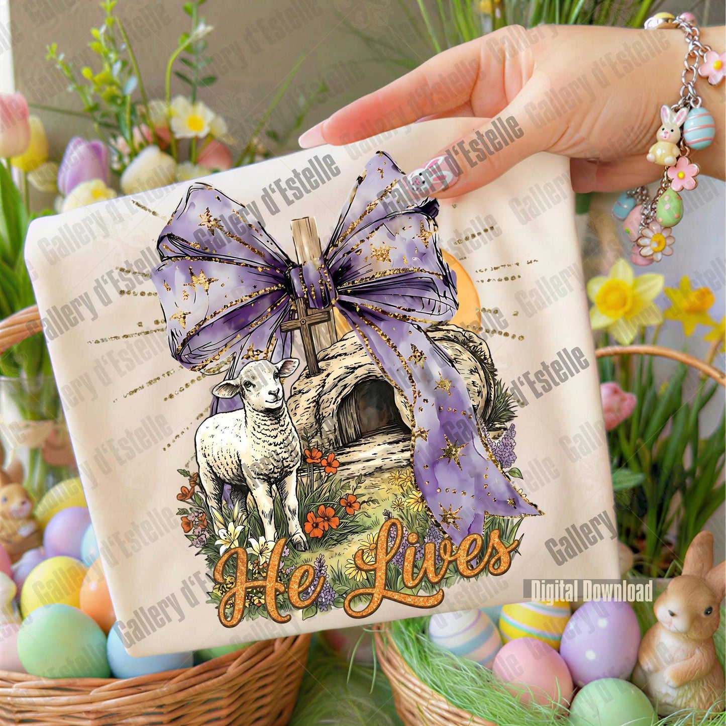 Decorative pillow with a lamb, bow, and 'He Lives' text, surrounded by Easter decorations.