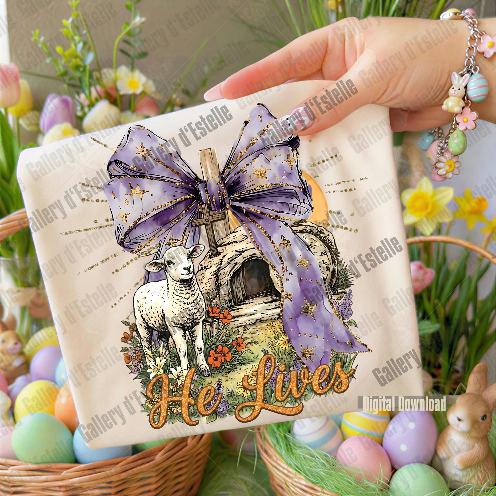 Decorative pillow with a lamb, bow, and 'He Lives' text, surrounded by Easter decorations.