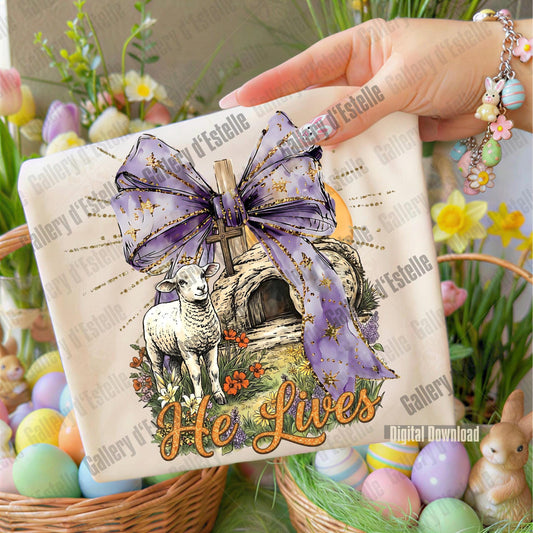 Decorative pillow with a lamb, bow, and 'He Lives' text, surrounded by Easter decorations.
