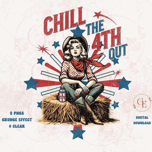 Chill the 4th Out Country PNG featuring retro western cowgirl with patriotic rodeo elements for trendy USA Independence Day shirt design