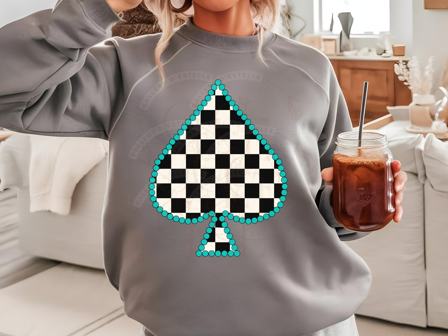 4th of July Feeling Lucky PNG, Western Patriotic Cowgirl Casino Art, Checkered Turquoise Spade Graphic, Trendy Independence Day Shirt Design