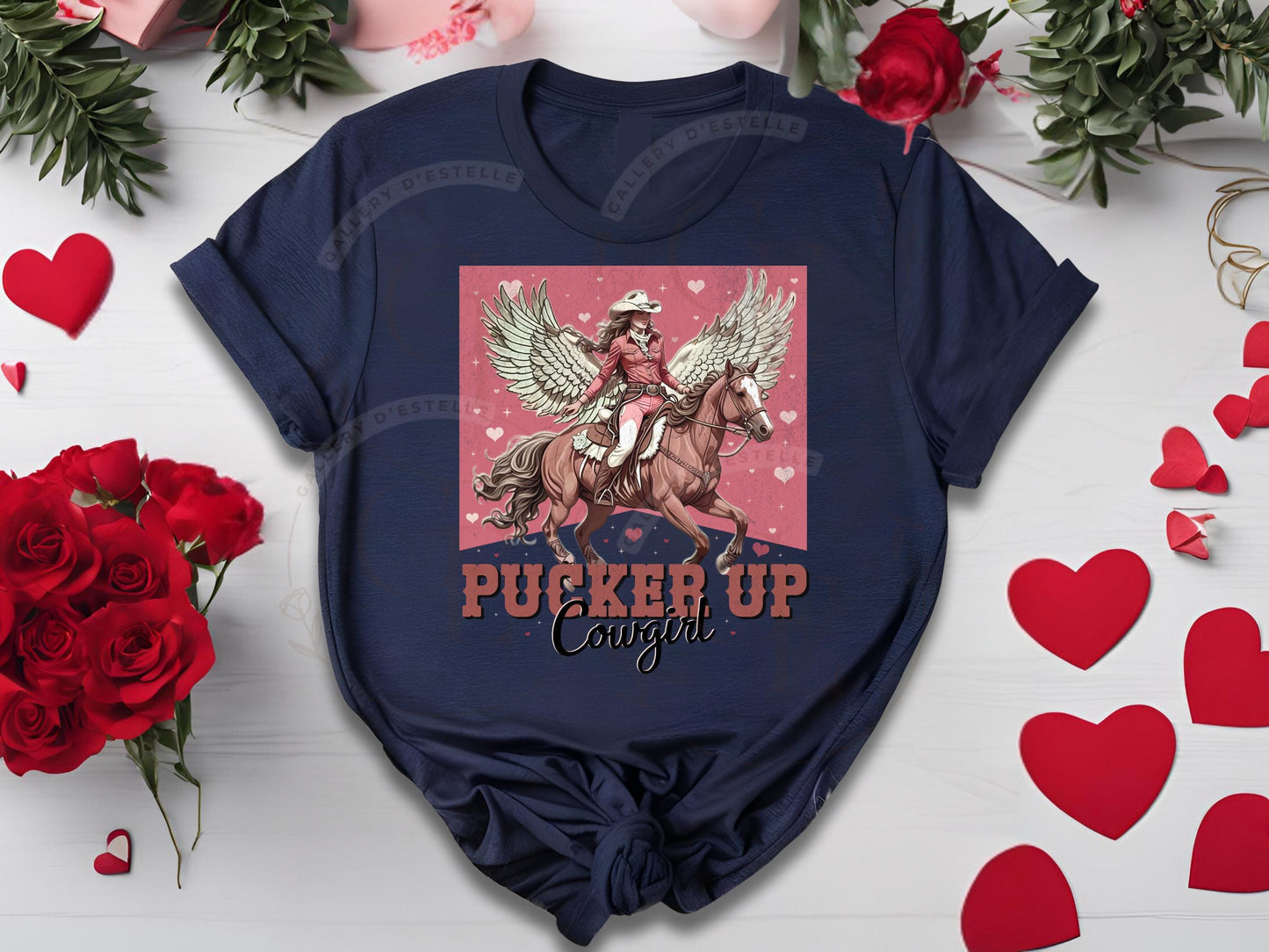 Pucker Up Cowgirl PNG, Vintage Western Valentine Graphic, Retro Cupid Horse Design, Trendy Country Shirt Sublimation