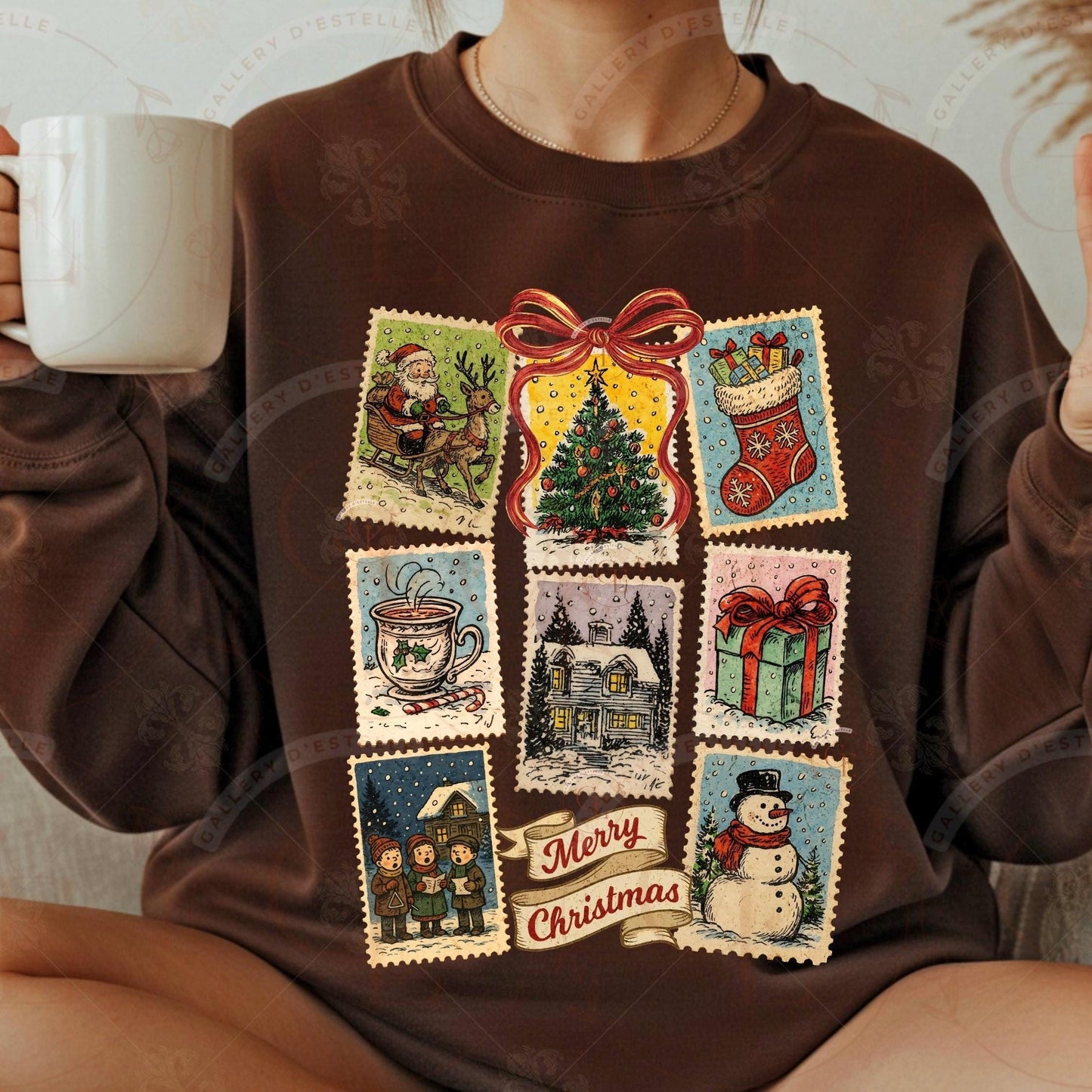 Vintage Christmas Stamp PNG, Retro Holiday Postage Collage, Cute Festive Winter Graphic, Trendy Christmas Shirt Design