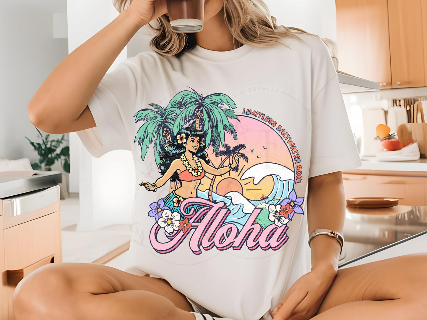 Aloha Summer PNG, Retro Hawaiian Coastal Hula Girl, Tropical Summer Beach Shirt Design