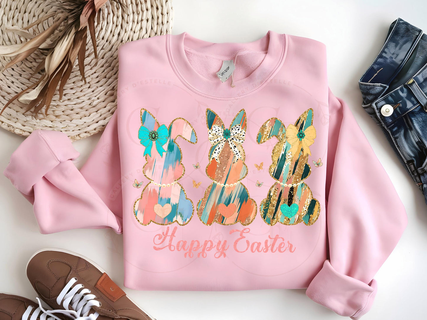 Coquette Easter Bunnies PNG, Gold Pink Brushstroke Art, Happy Easter Graphic, Trendy Country Shirt Design