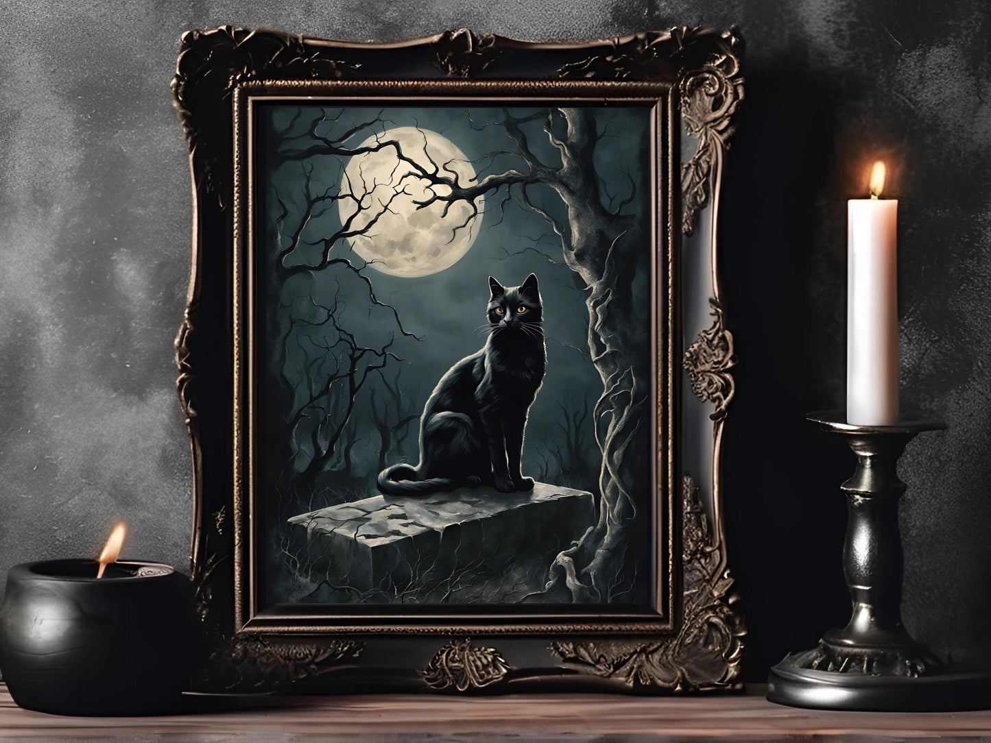 Haunted Black Cats Wall Art Set, Eerie Feline Dark Aesthetic Prints for Gothic Halloween Decor