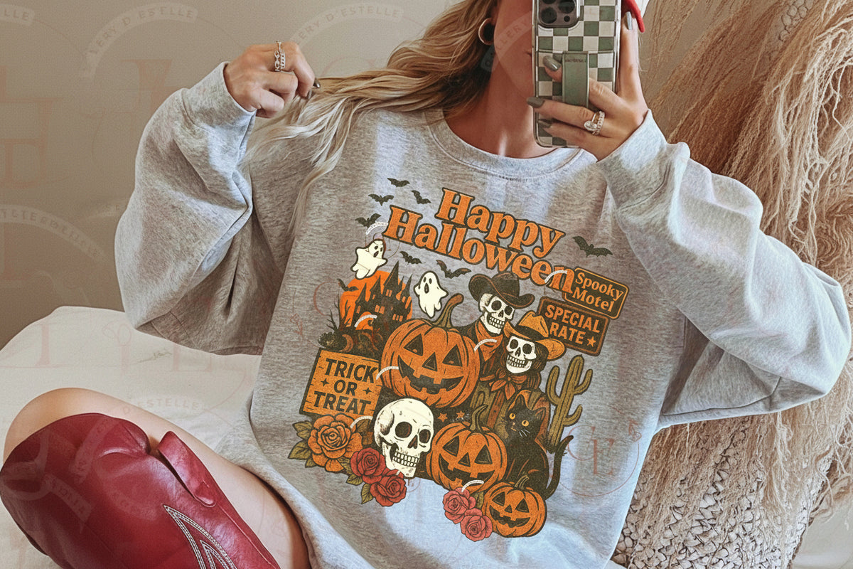Person wearing a Halloween-themed sweatshirt with graphics and a text ' Happy Halloween'