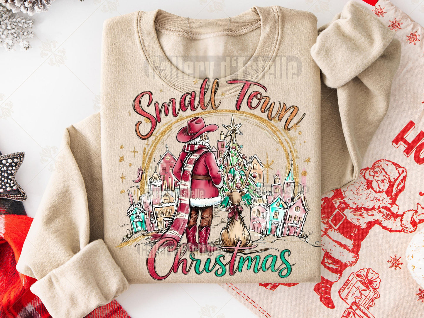 Small Town Christmas PNG, Retro Western Santa Graphic, Coquette Cowgirl Holiday Shirt Design