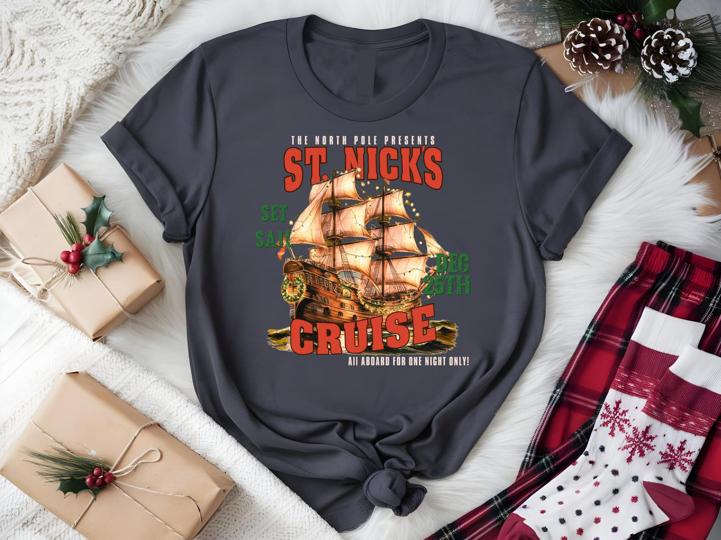 St. Nick's North Pole Cruise PNG, Vintage Christmas Sailing Ship Graphic, Western Cowboy Art, Festive Countrty Shirt Design