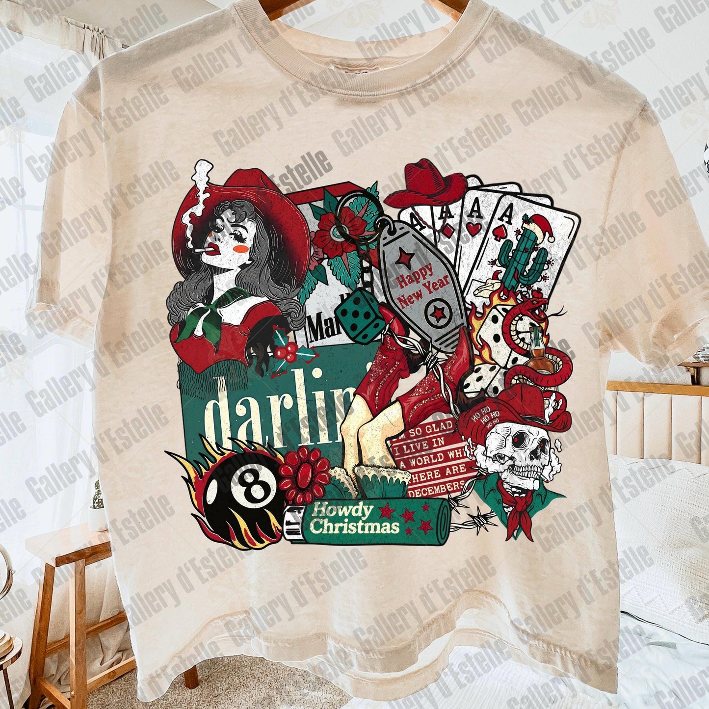 Western Cowgirl Christmas Collage PNG, Festive Cowboy Skeleton Graphic, Gothic Santa Holiday Design, Edgy Country Shirt Design