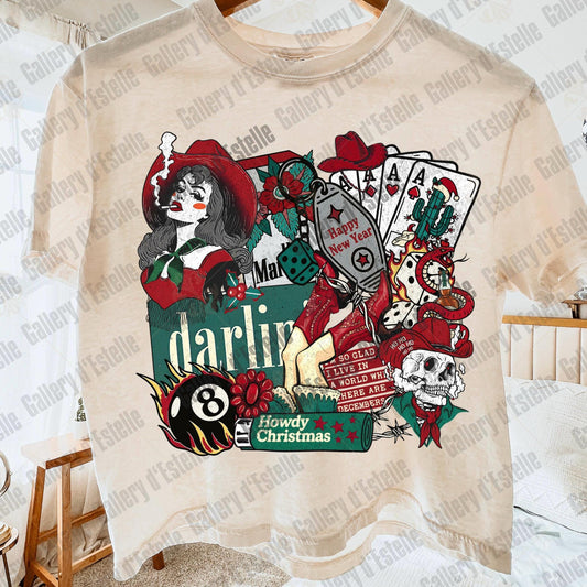 Western Cowgirl Christmas Collage PNG, Festive Cowboy Skeleton Graphic, Gothic Santa Holiday Design, Edgy Country Shirt Sublimation