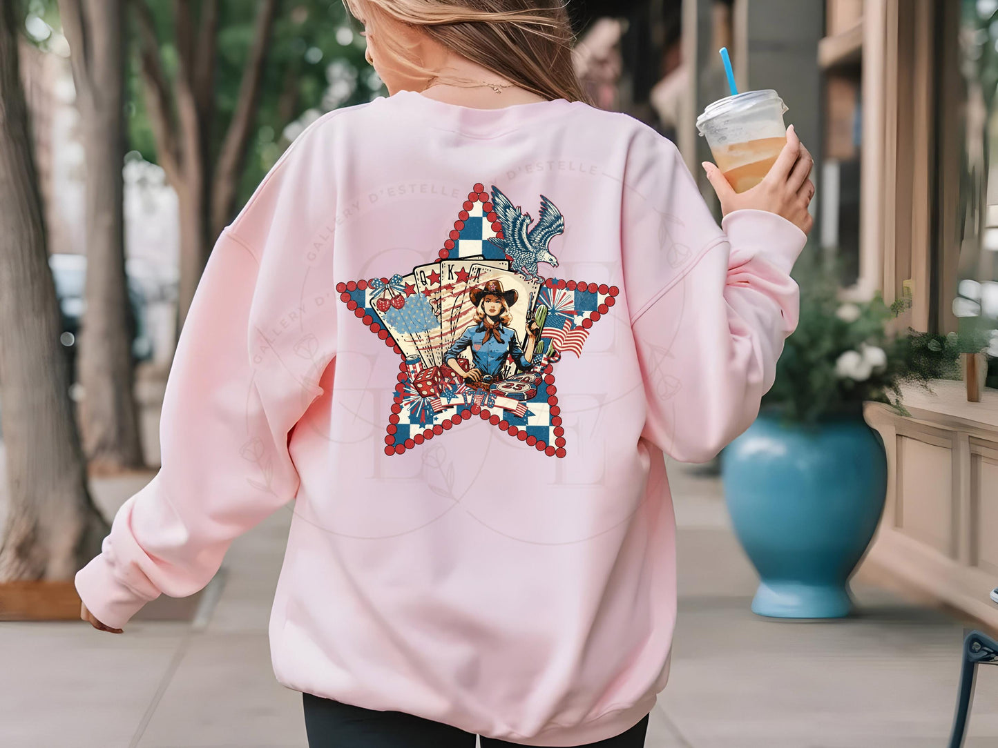 Retro Patriotic Cowgirl PNG, Vintage Checkered Poker Star Graphic, Western 4th of July Shirt Design