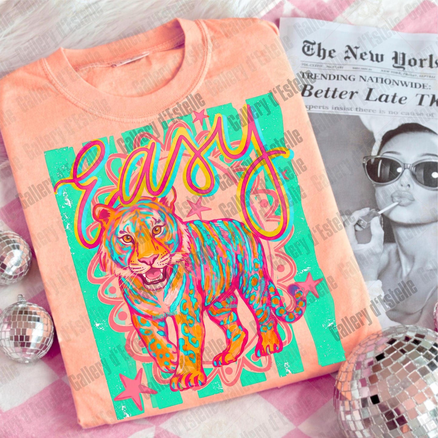 Preppy Easy Tiger PNG, Retro Summer Stripes Graphic, Funny Colorful Beach Shirt Design