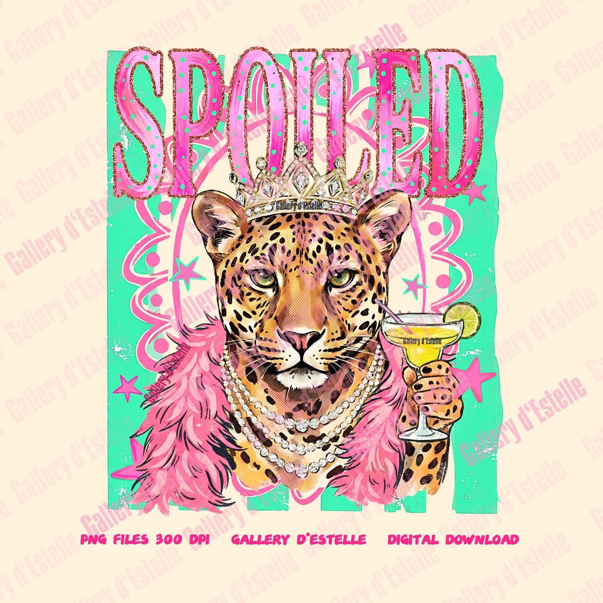 Leopard wearing a crown and pink boa with 'Spoiled' text on a light pink background