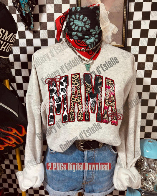 White shirt on a model with the phrase "MAMA" on it in western font and casino vibes style, with cherries, cowhide and leopard patterns.