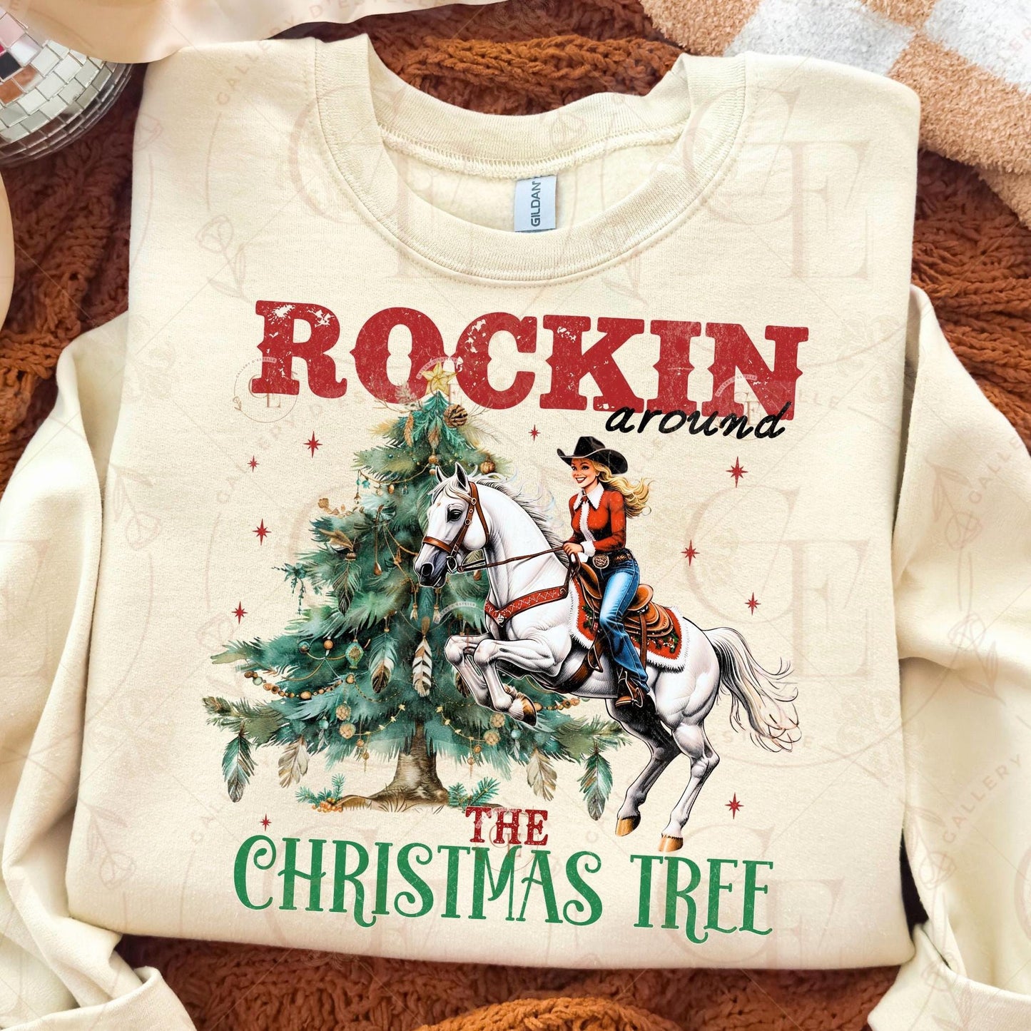 Rockin Around the Christmas Tree PNG, Retro Western Cowgirl Graphic, Festive Rodeo Design, Trendy Holiday Shirt Sublimation