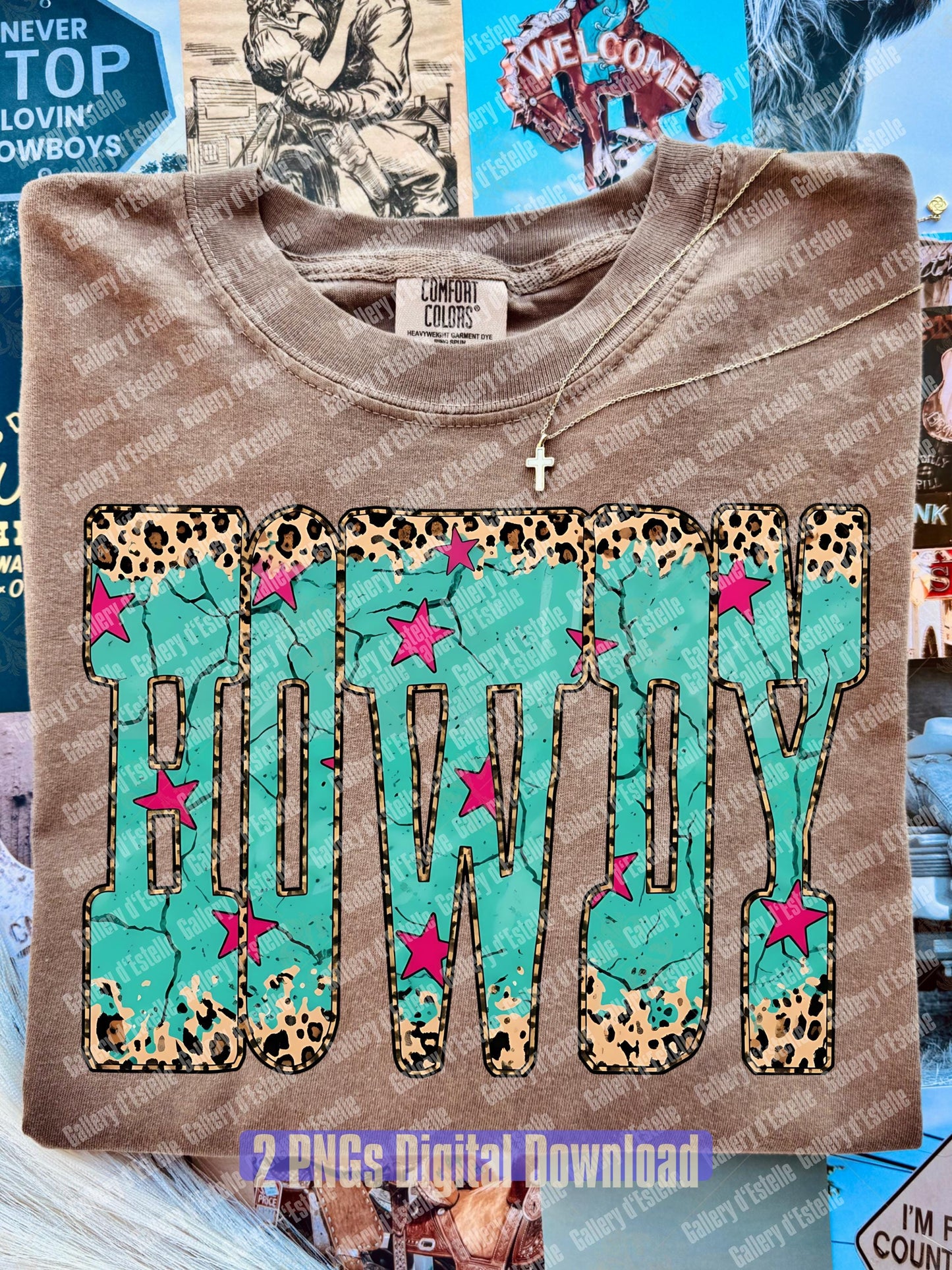 Brown sweatshirt with western 'HOWDY' design on a collage background