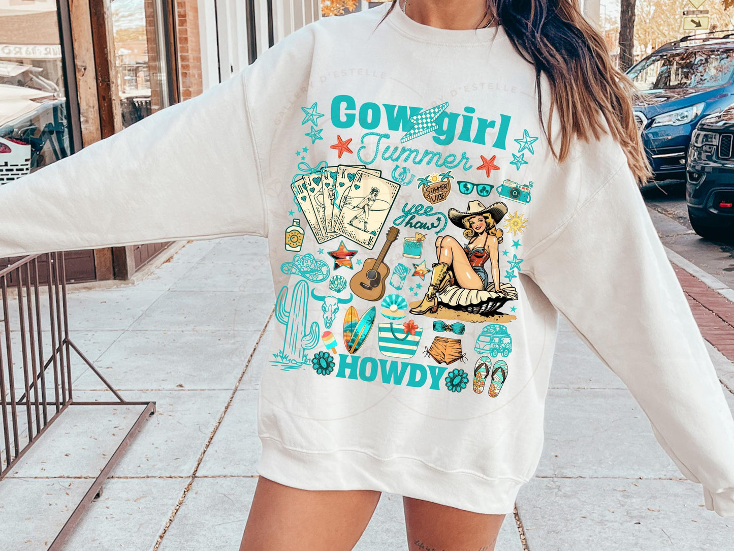 Cowgirl Summer Country PNG, Retro Western Coastal Girl Collage, Trendy Mermaid Summer Shirt Design