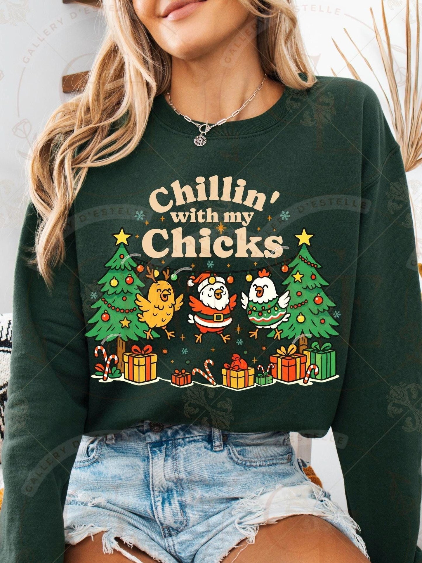 Chillin With My Chicks Christmas PNG, Funny Festive Chicken Graphic, Retro Farmhouse Holiday Sublimation, Trendy Chick Shirt Design
