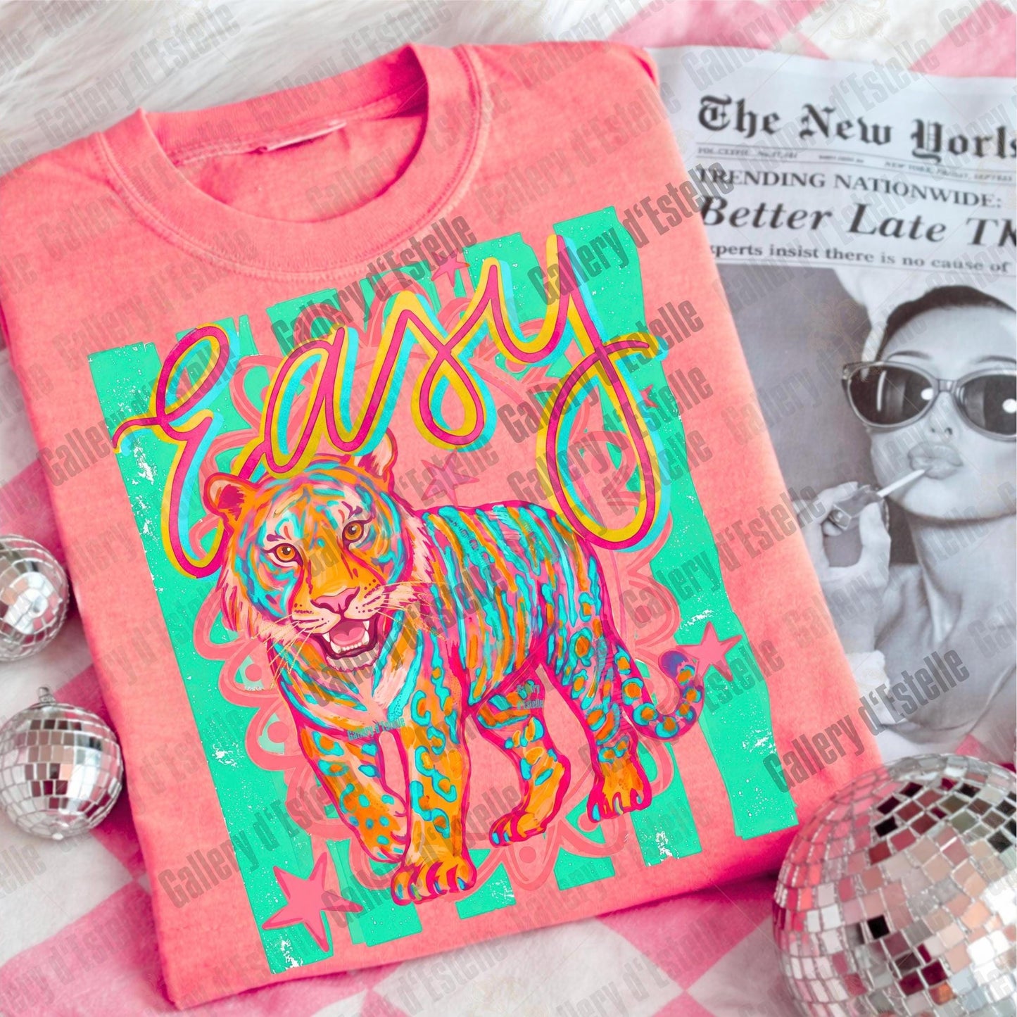 Preppy Easy Tiger PNG, Retro Summer Stripes Graphic, Funny Colorful Beach Shirt Design