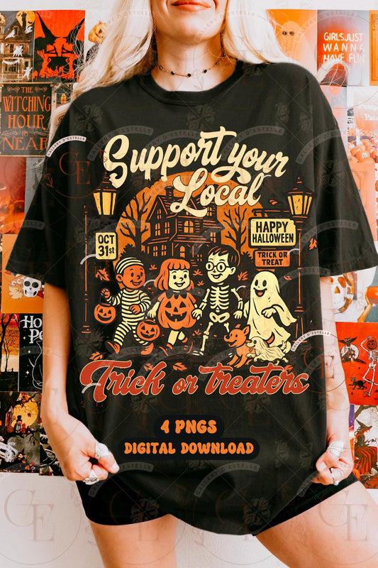 Person wearing a black t-shirt with a retroHalloween-themed design featuring kids and the text 'Support your local Trick or Treaters'
