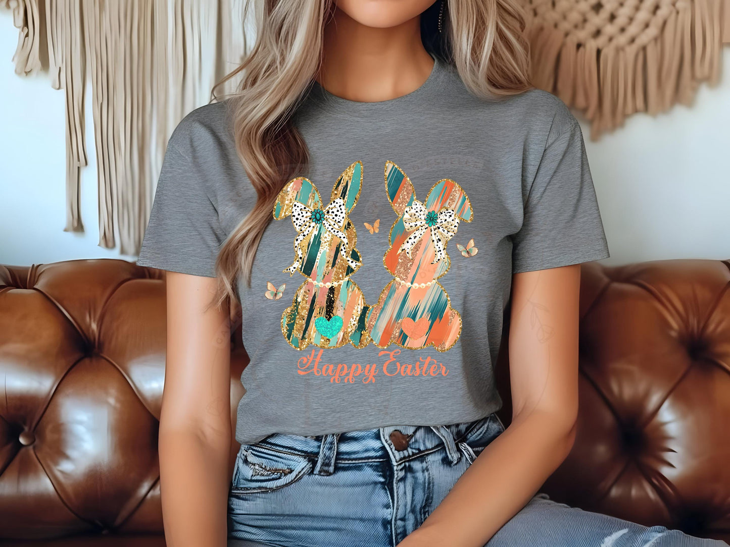 Coquette Glitter Bunnies PNG, Gold Coral Brushstroke Art, Cowgirl Easter Graphic, Trendy Country Shirt Design