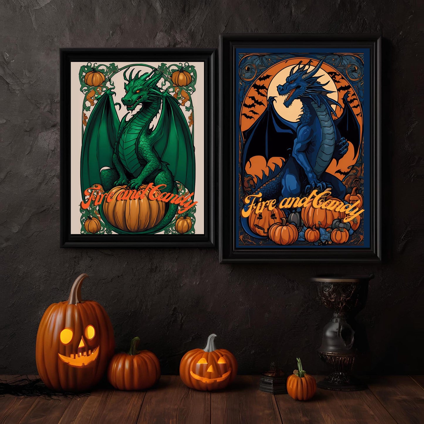 Halloween Dragons Wall Art Bundle-"House Spookaryen", Spooky Art Nouveau Prints for Halloween Decoration