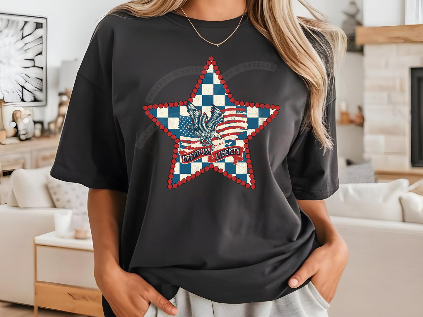 Retro Patriotic Cowgirl PNG, Vintage Checkered Poker Star Graphic, Western 4th of July Shirt Design