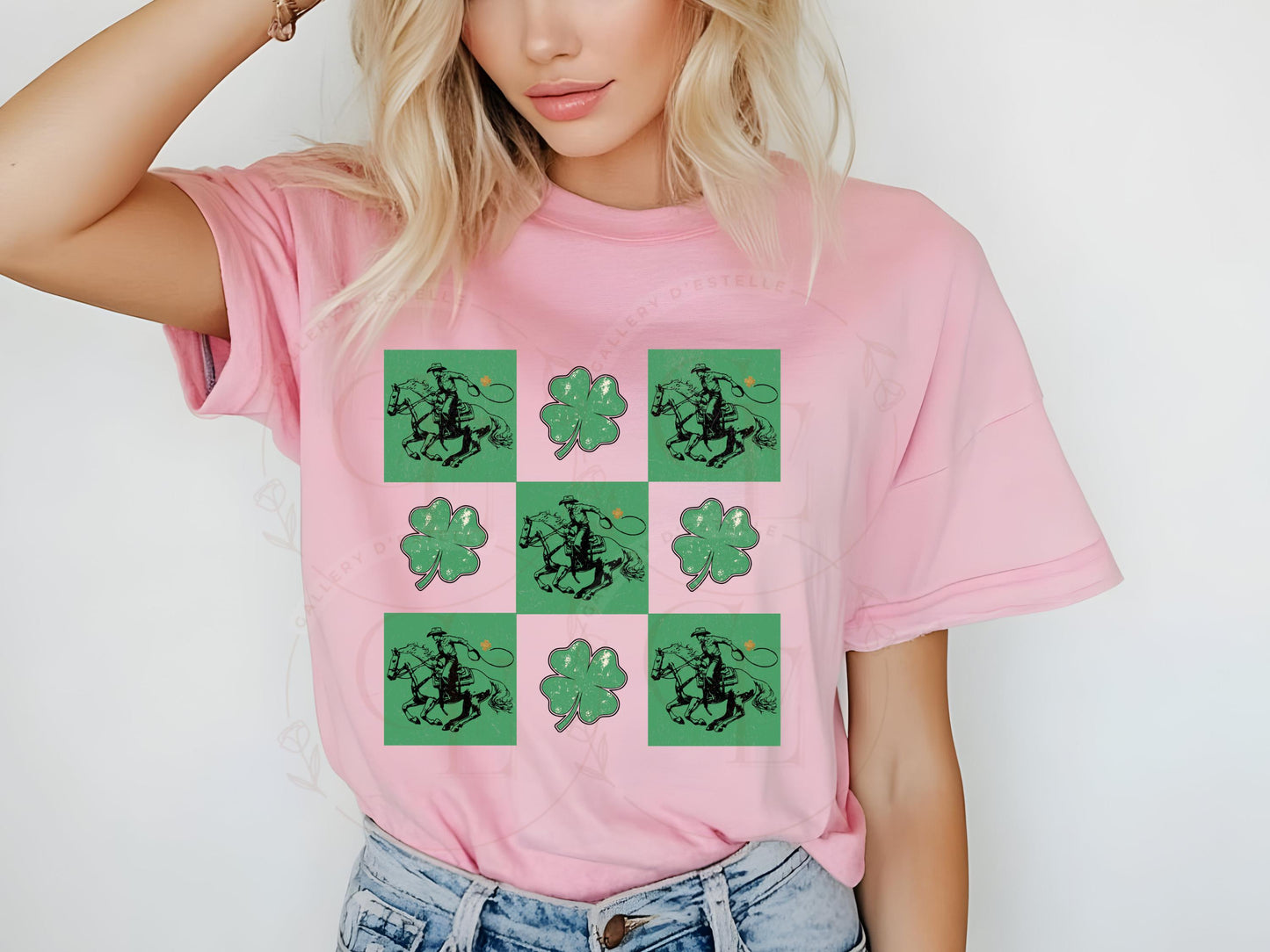 Western St. Patricks Day Checkered PNG, Retro Lucky Shamrock Graphic, Cowboy Rodeo Sublimation, St Paddys Shirt Design