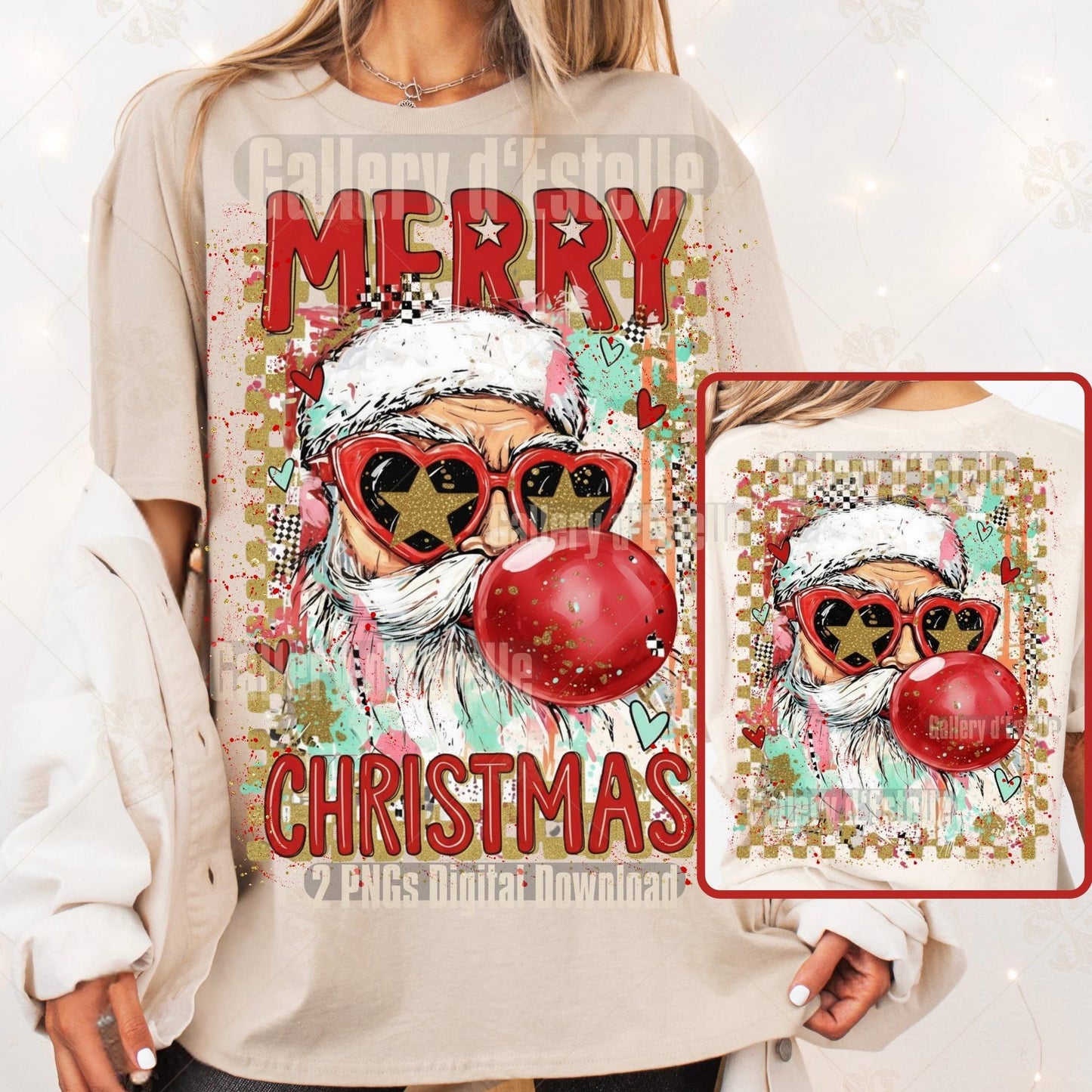 Preppy Merry Christmas PNG, Retro Glitter Santa Bubble Design, Coquette Holiday Graphic, Trendy Christmas Shirt Sublimation