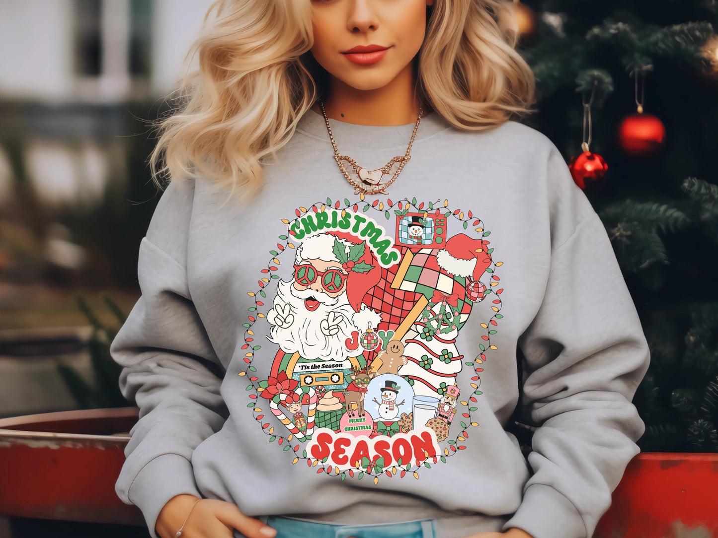 Retro Christmas Season PNG, Groovy Vintage Holiday Elements Collage, Festive Santa Shirt Design