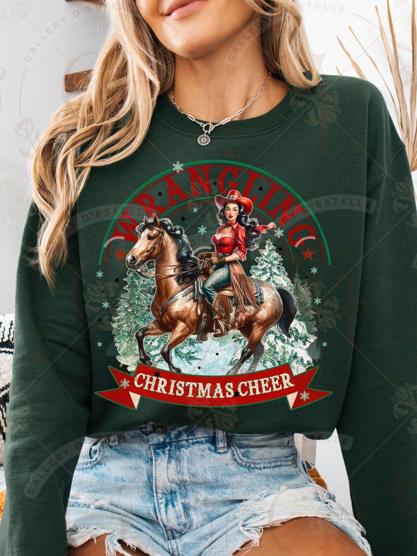 Wrangling Christmas Cheer PNG, Retro Cowgirl Holiday Graphic, Festive Westerm Rodeo Sublimation, Trendy Country Shirt Design