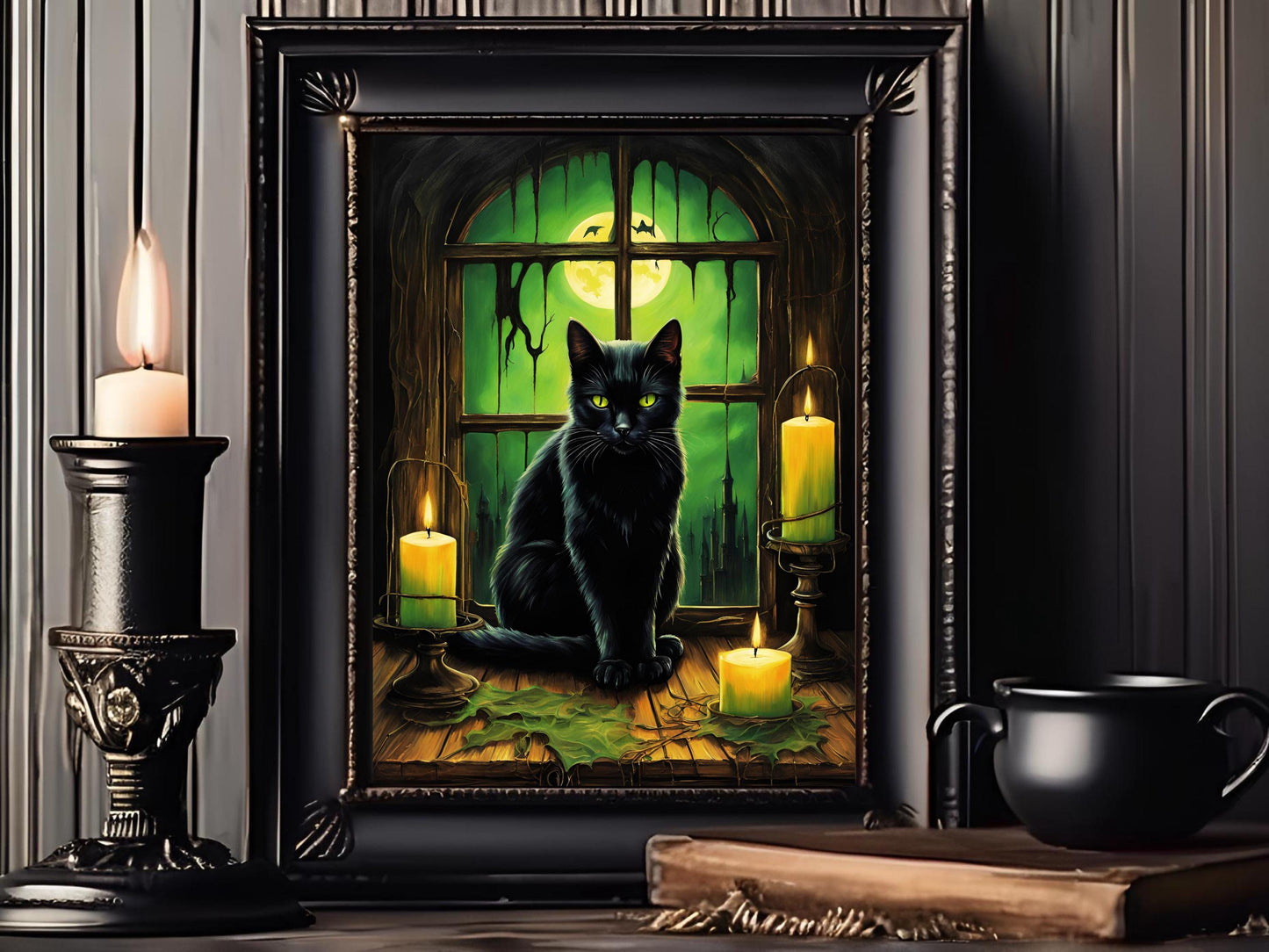 Black Cat Wall Art Print, Gothic Halloween Poster, Spooky Cat Decor, Dark Aesthetic Digital Art