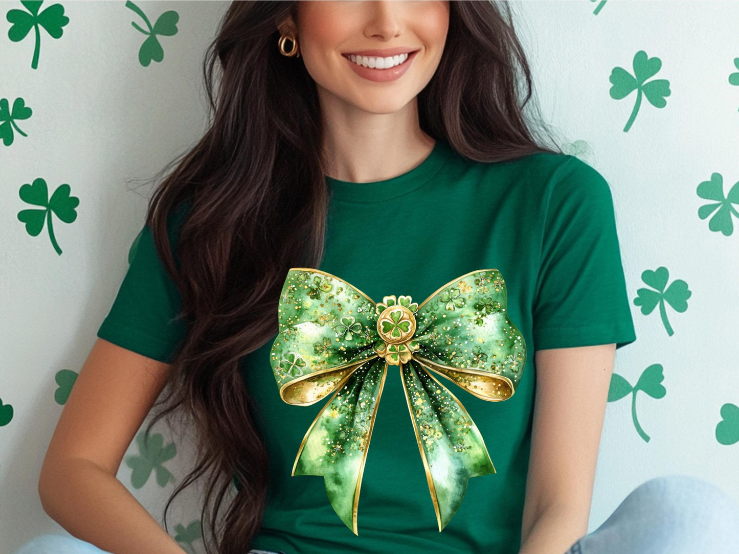 St. Patrick’s Day Green Bow PNG, Glittery Lucky Charm Design, Coquette Clover Clipart