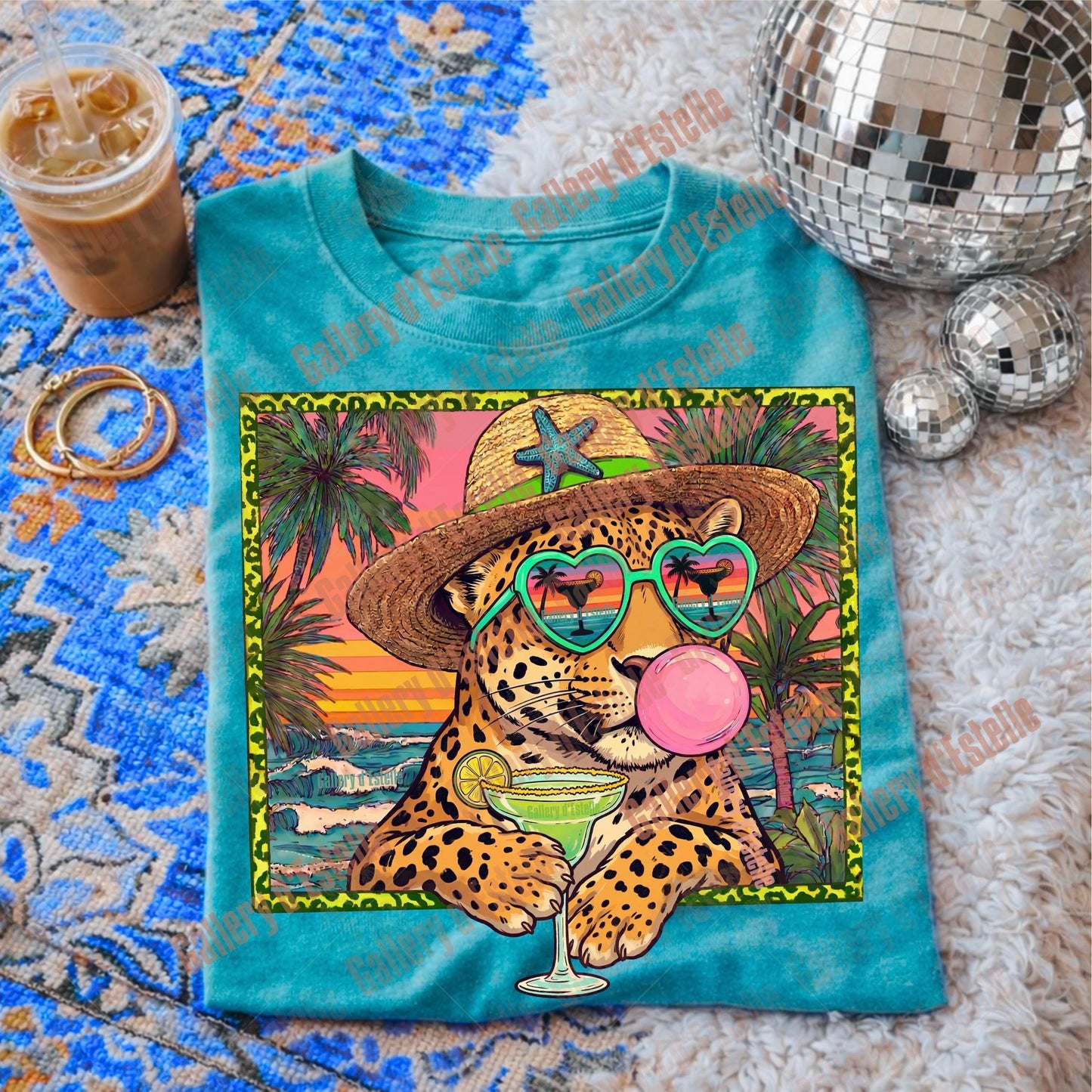 Leopard Summer PNG, Retro Coastal Cheetah Margarita Graphic, Trendy Tropical Beach Shirt Design
