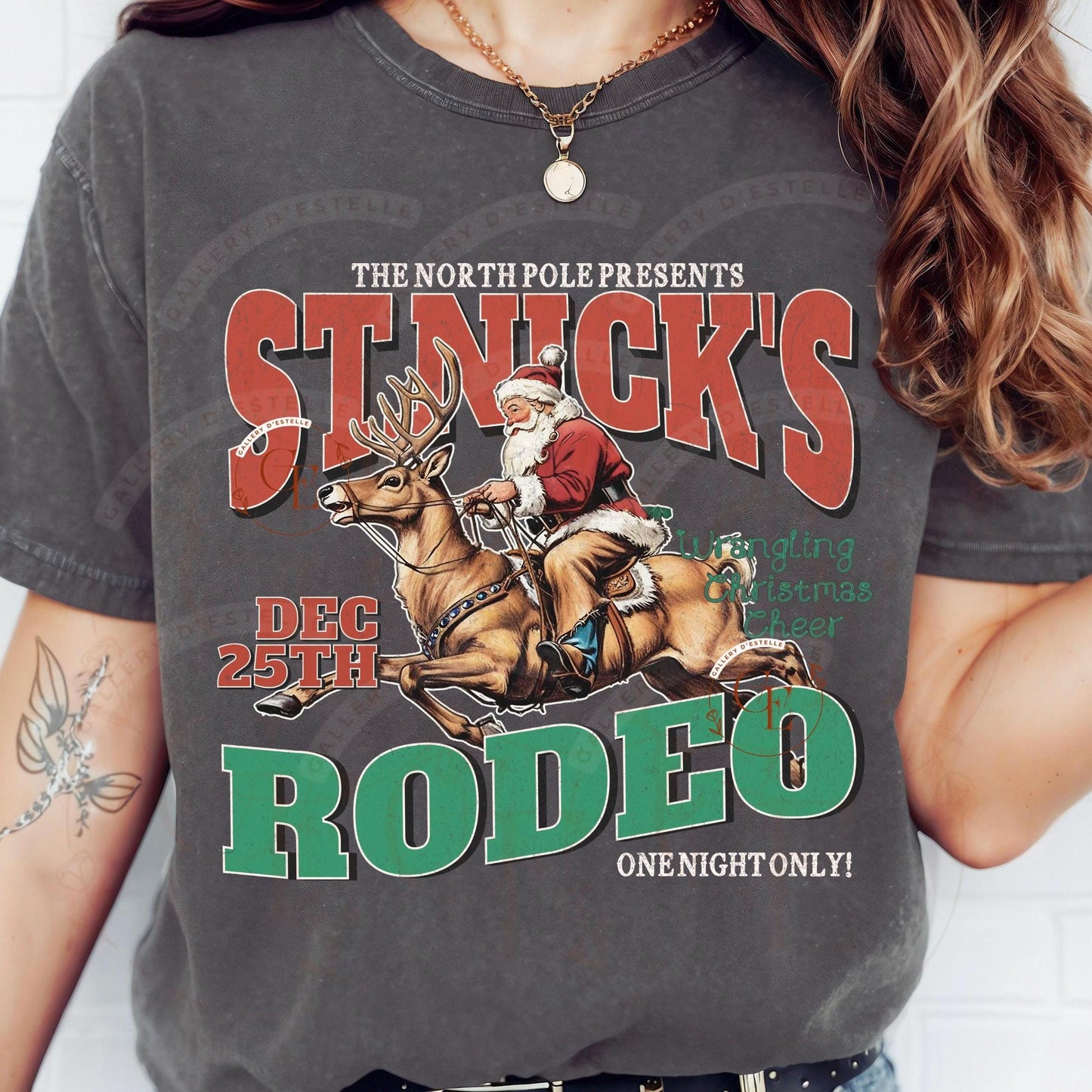 St.Nick's Rodeo Country PNG, Retro Western Santa Riding Reindeer Graphic, Trendy Cowboy Christmas Shirt Design