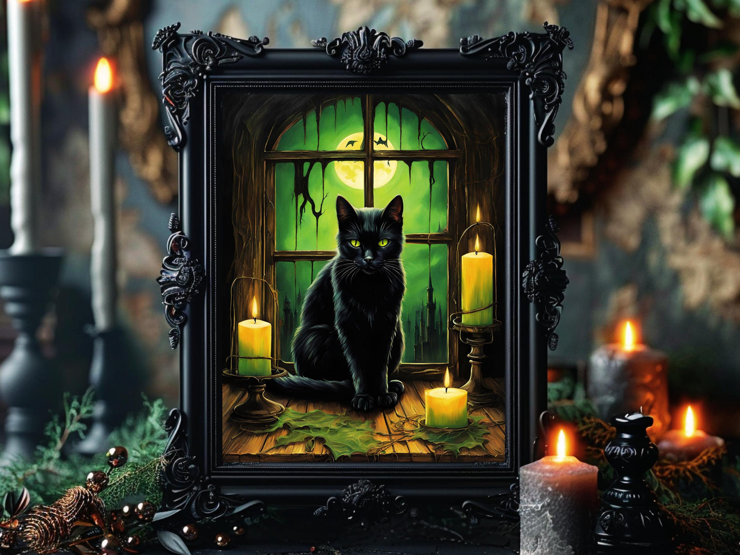 Black Cat Wall Art Print, Gothic Halloween Poster, Spooky Cat Decor, Dark Aesthetic Digital Art