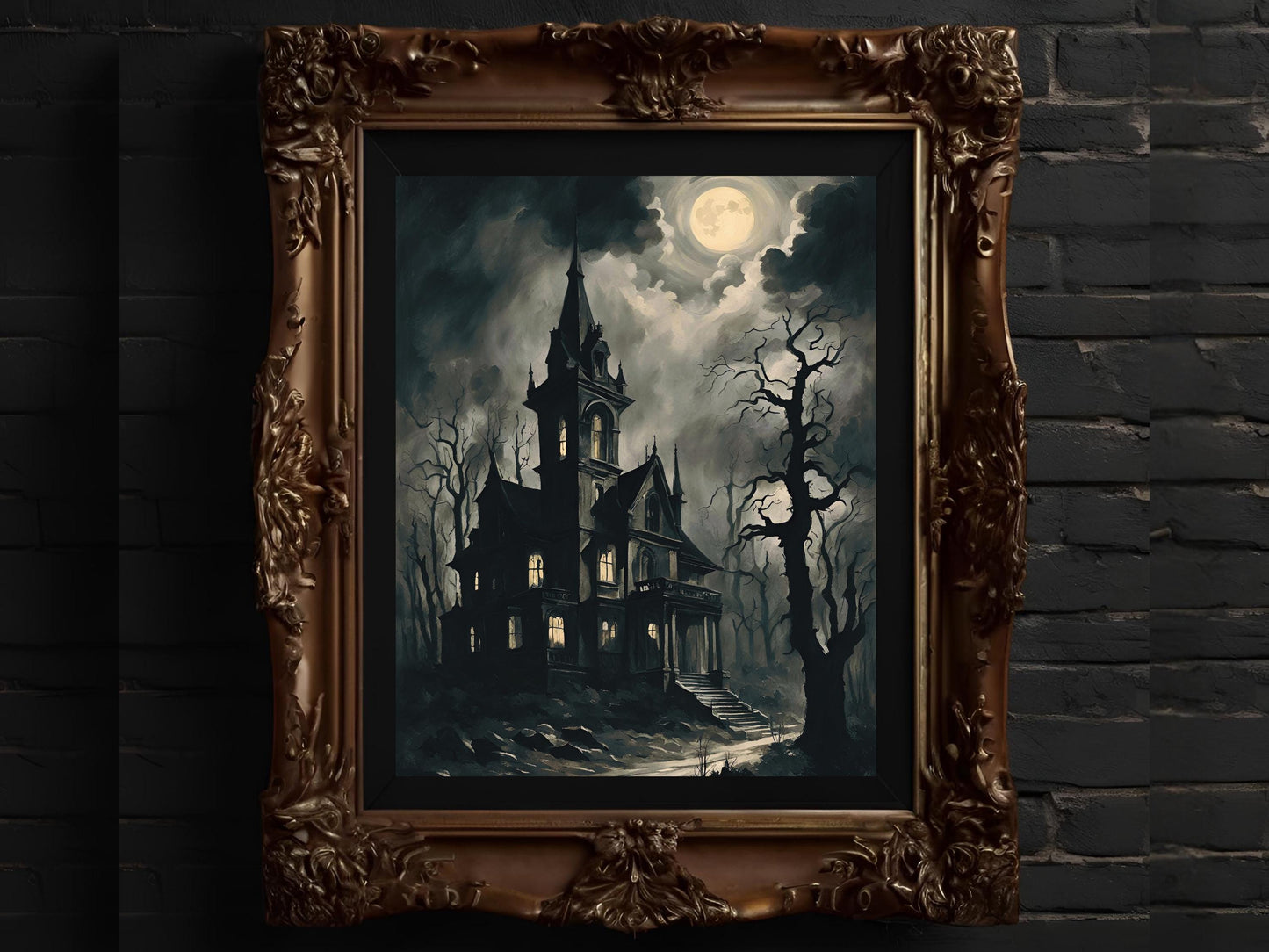 Haunted Castle Art, Victorian Gothic Wall Decor for Halloween, Spooky Edgy Dark Aesthetic Castle