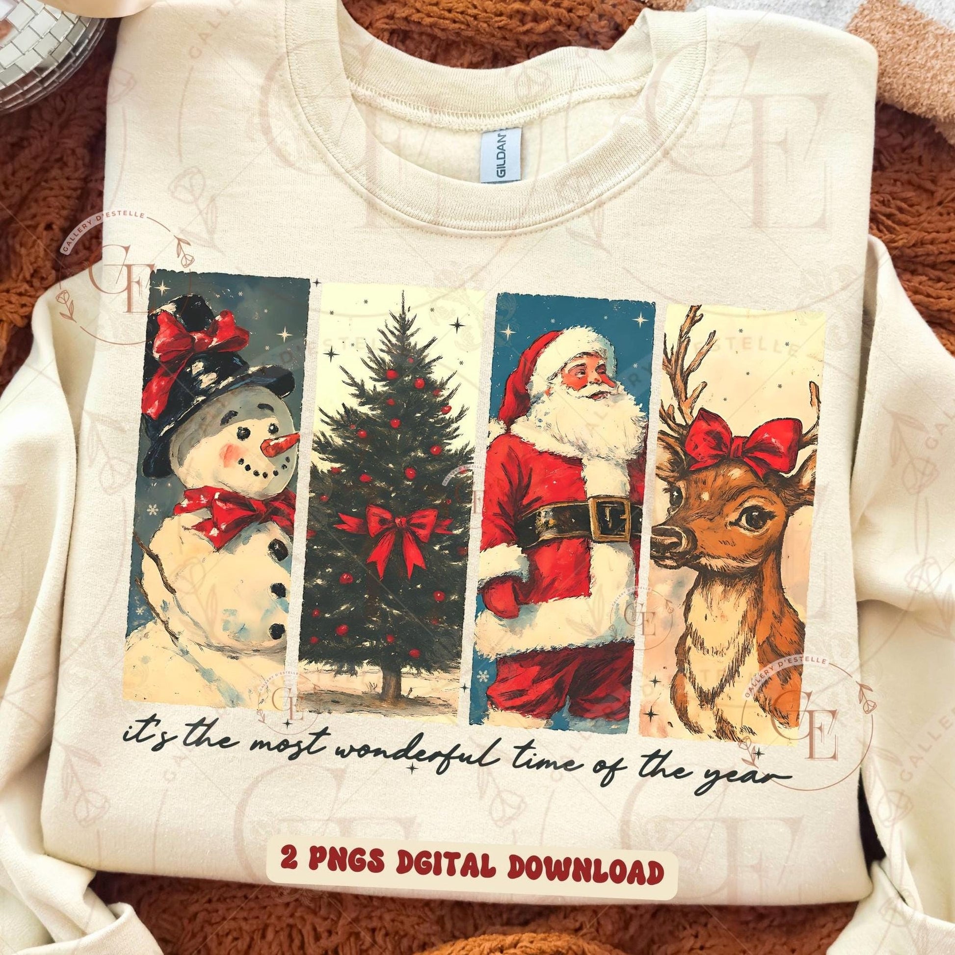 Vintage Christmas Brushstroke PNG, Retro Holiday Collage, Nostalgic Santa Snowman Tree Reindeer Graphic, Festive Shirt Design